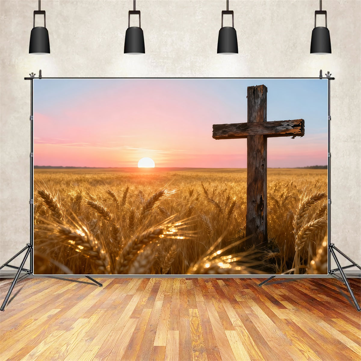 Christian Easter Photo Backdrop Golden Wheatfield Sunset Wooden Cross Simple Easter Backdrop UK LXX62-75