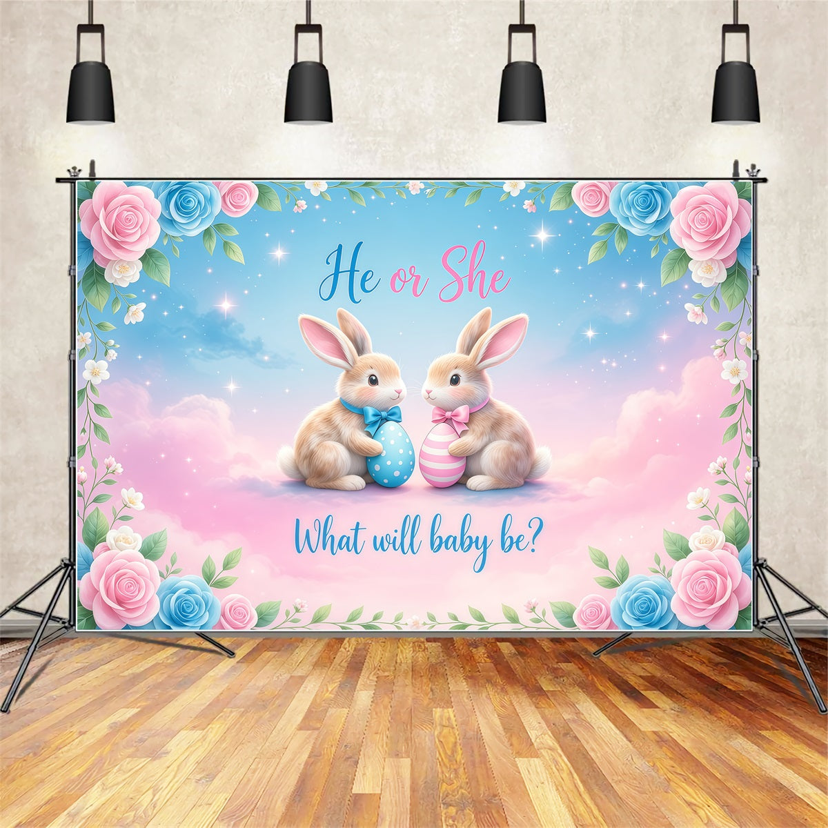 Easter Gender Reveal Backdrop Bunny He Or She Flower Photography Backdrops Easter UK LXX62-76