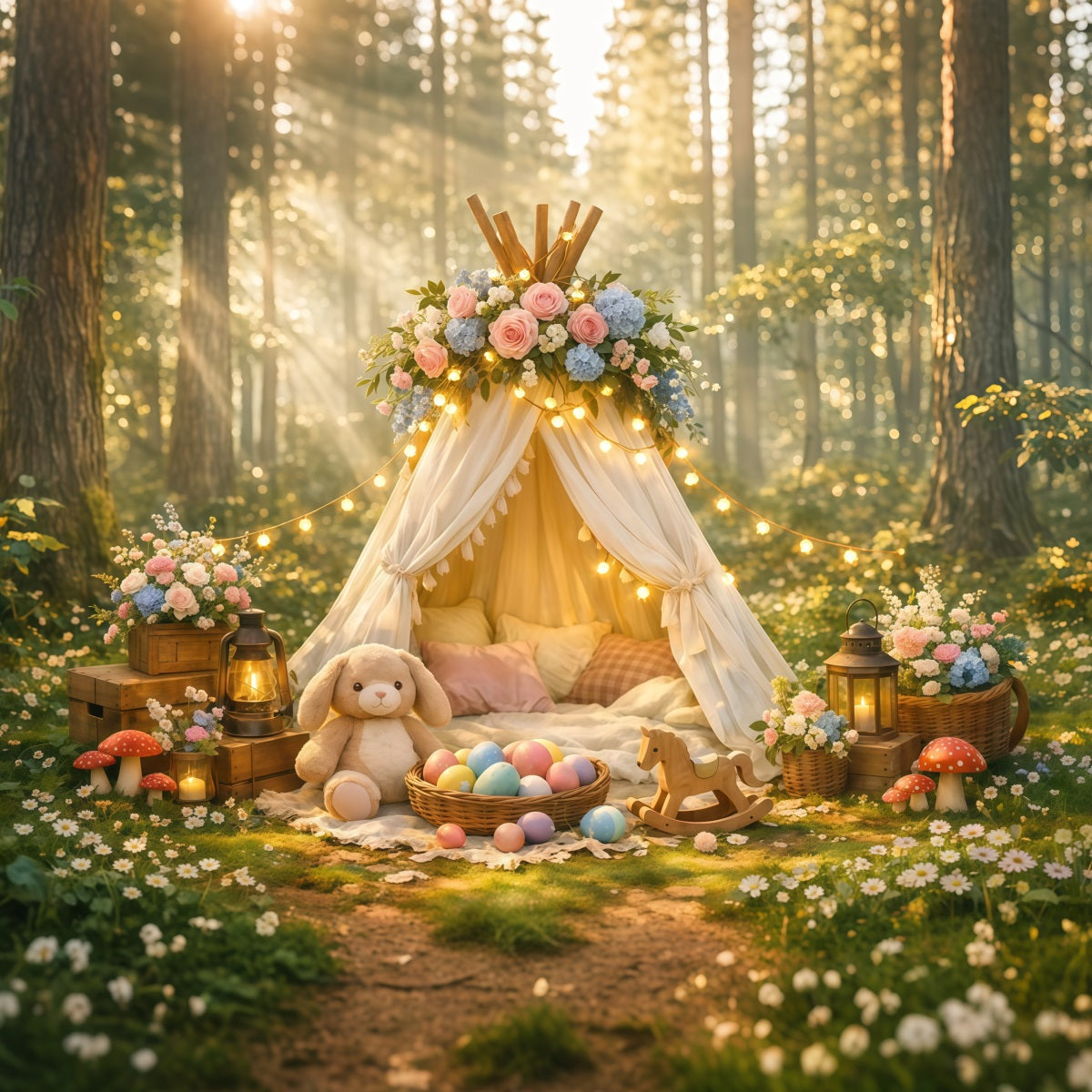 Baby Easter Backdrop Enchanted Forest Floral Teepee Easter Party Backdrop UK LXX62-77