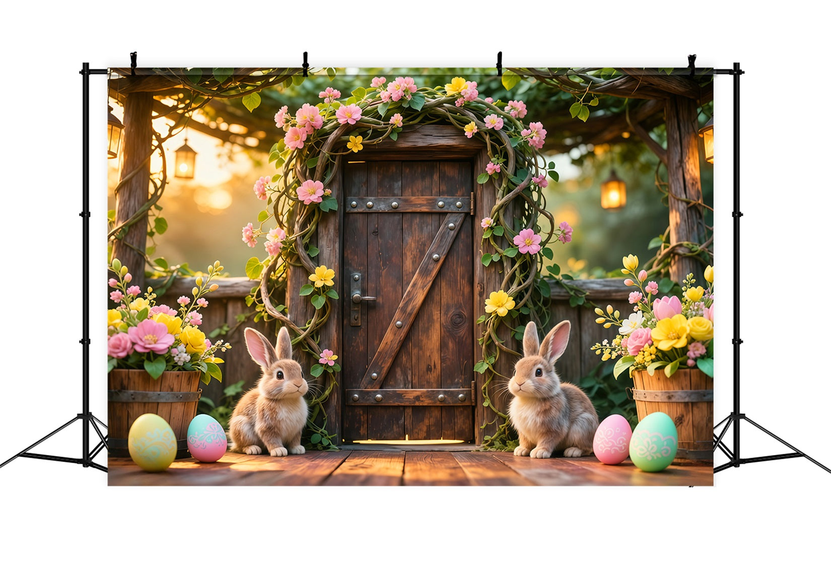 Bunny Backdrop Ideas Rustic Garden Wooden Door Flower 10x10 Easter Backdrops UK LXX62-78