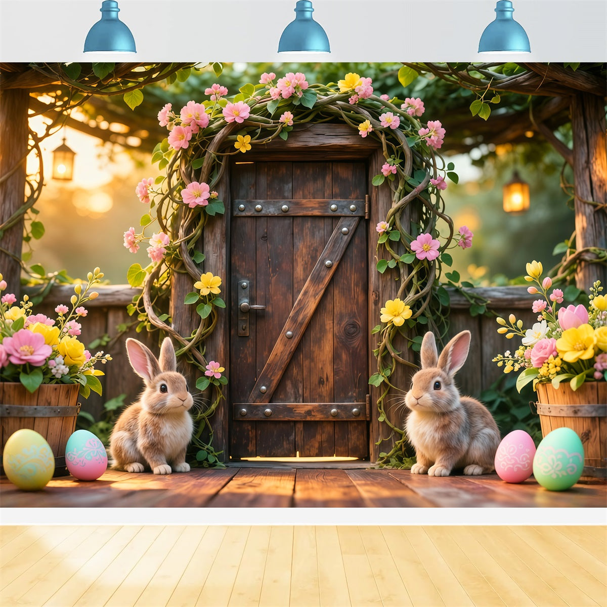Bunny Backdrop Ideas Rustic Garden Wooden Door Flower 10x10 Easter Backdrops UK LXX62-78