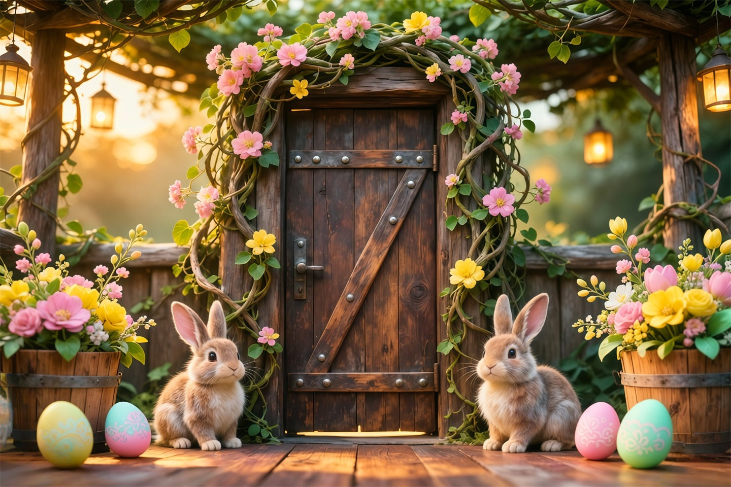 Bunny Backdrop Ideas Rustic Garden Wooden Door Flower 10x10 Easter Backdrops UK LXX62-78