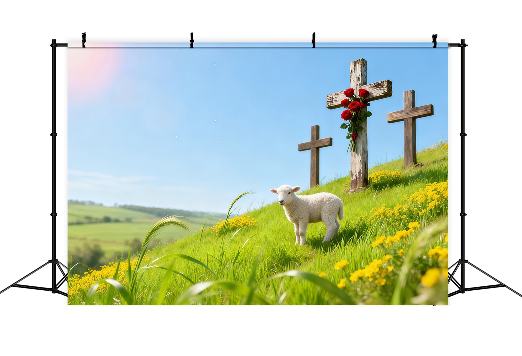 Church Backdrop For Easter Spring Meadow Lamb Three Crosses Easter Themed Backdrops UK LXX62-84