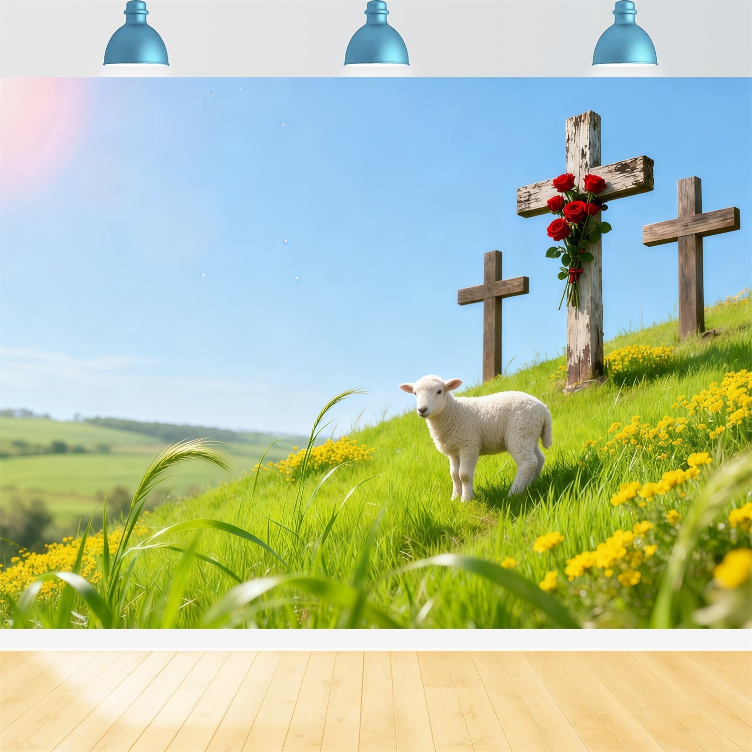 Church Backdrop For Easter Spring Meadow Lamb Three Crosses Easter Themed Backdrops UK LXX62-84