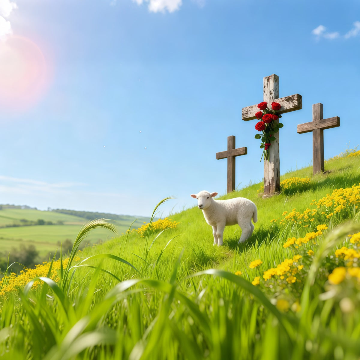 Church Backdrop For Easter Spring Meadow Lamb Three Crosses Easter Themed Backdrops UK LXX62-84