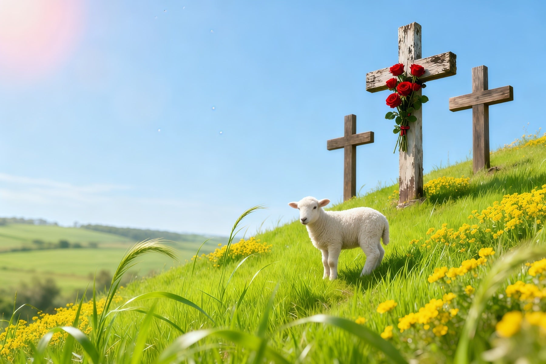 Church Backdrop For Easter Spring Meadow Lamb Three Crosses Easter Themed Backdrops UK LXX62-84