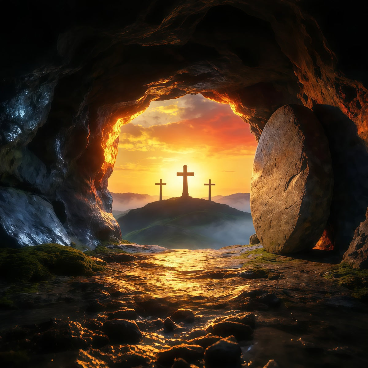 Easter Tomb Backdrops Sunrise Empty Cave Three Crosses Easter Backdrops Ideas UK LXX62-85