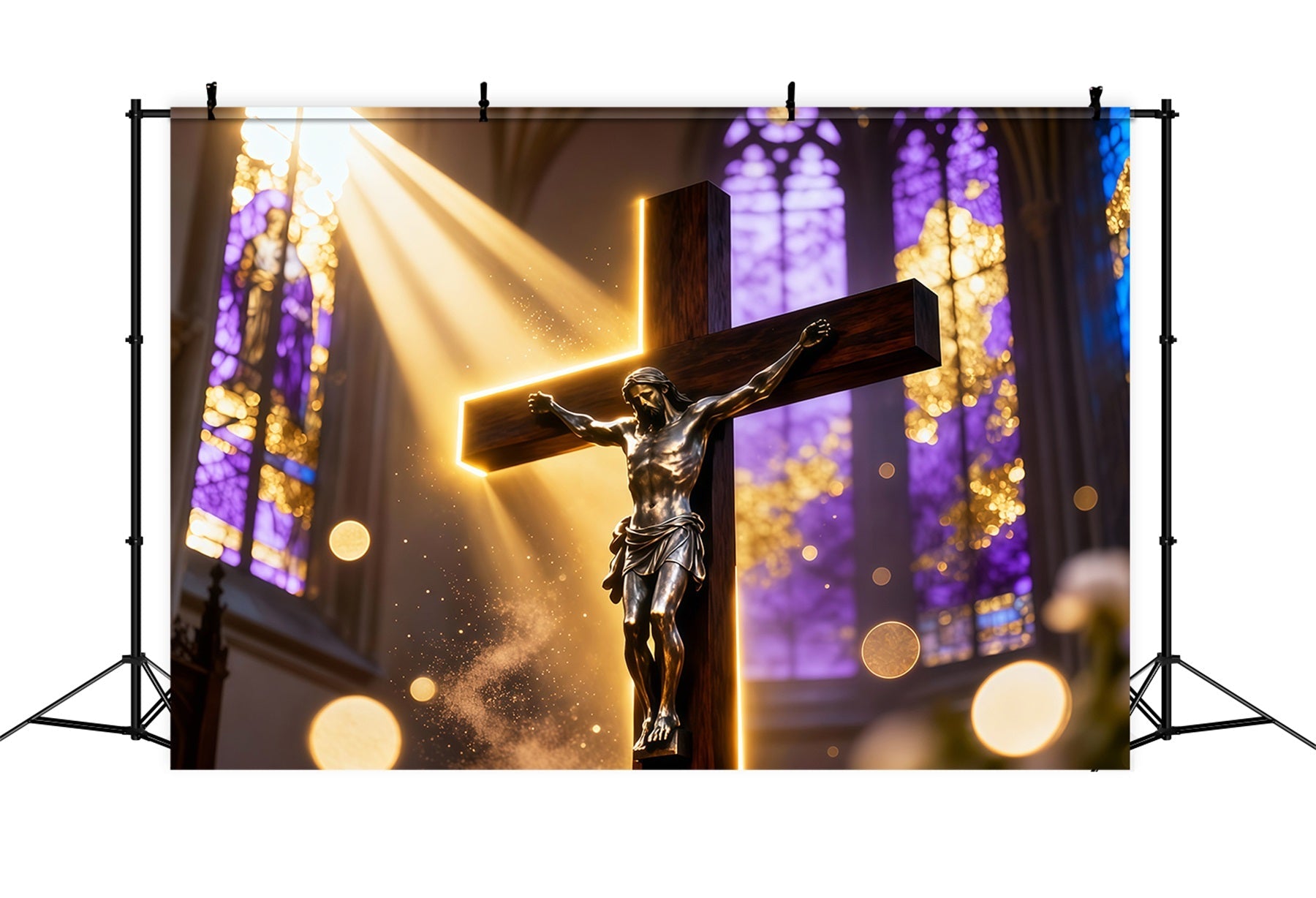 Christian Easter Photo Backdrops Golden Light Cathedral Crucifix Photo Shoot Easter Backdrop UK LXX62-86