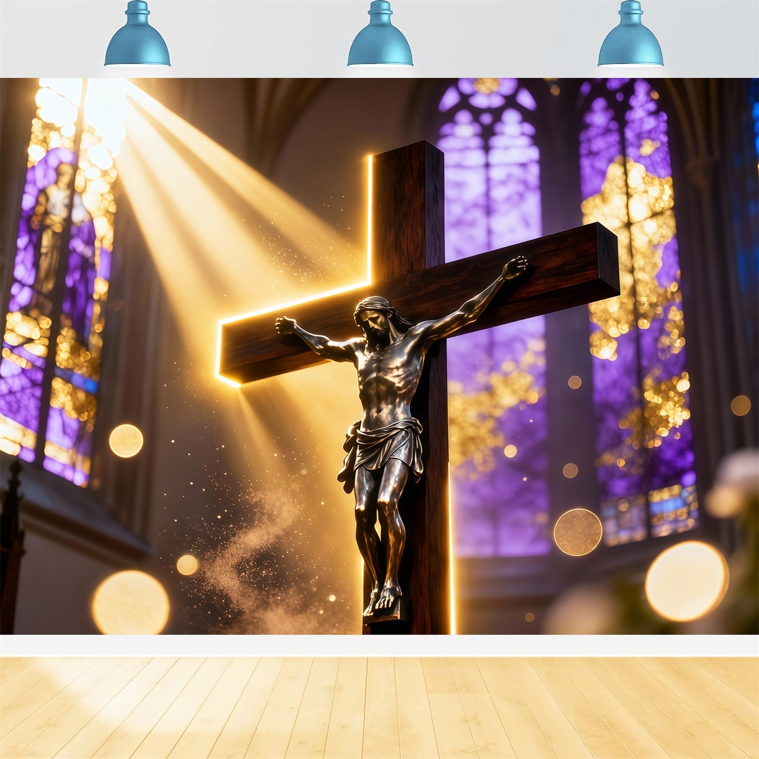 Christian Easter Photo Backdrops Golden Light Cathedral Crucifix Photo Shoot Easter Backdrop UK LXX62-86