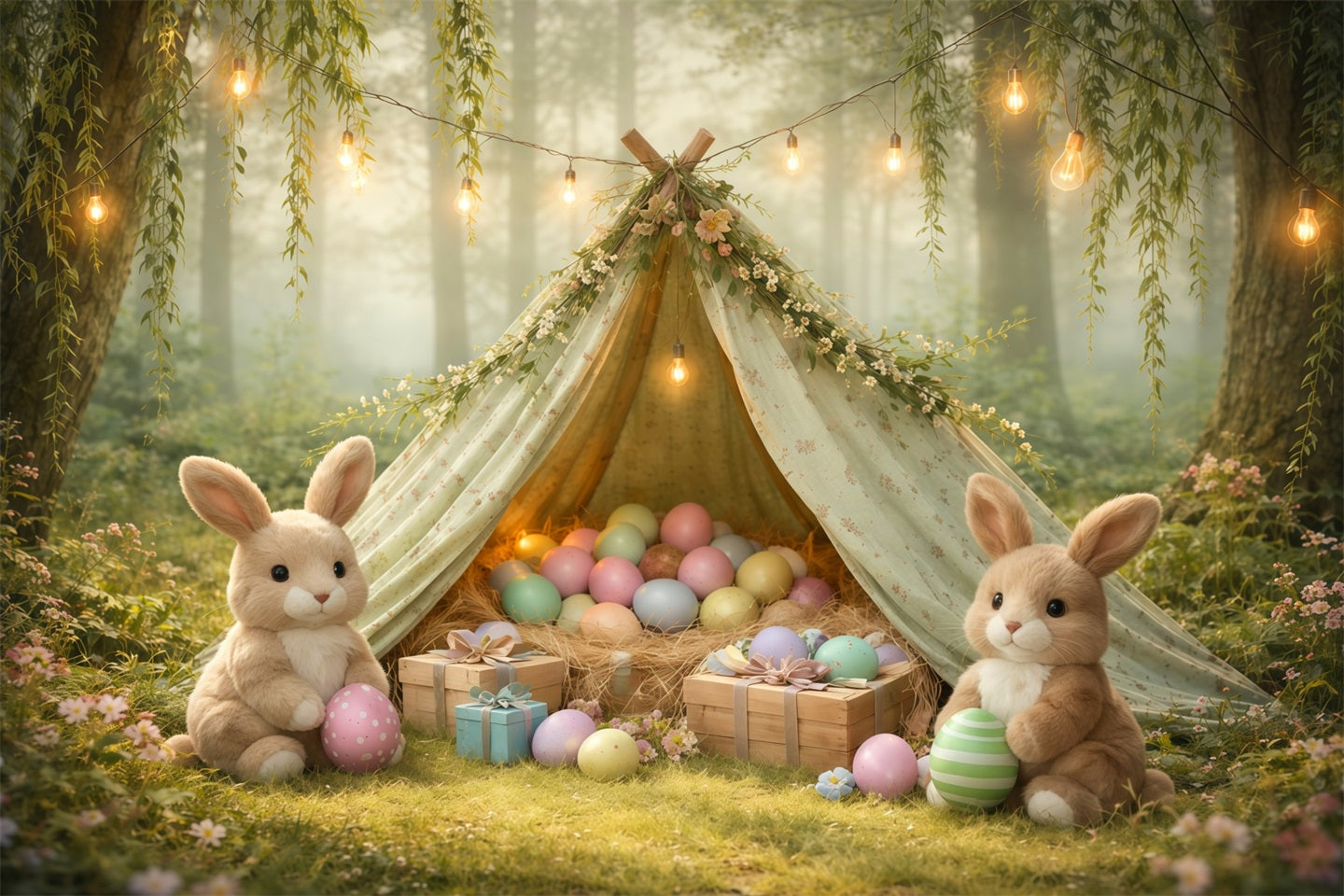 Bunny Backdrop Foggy Forest Willow Egg Teepee Easter Pictures Backdrop UK LXX62-90