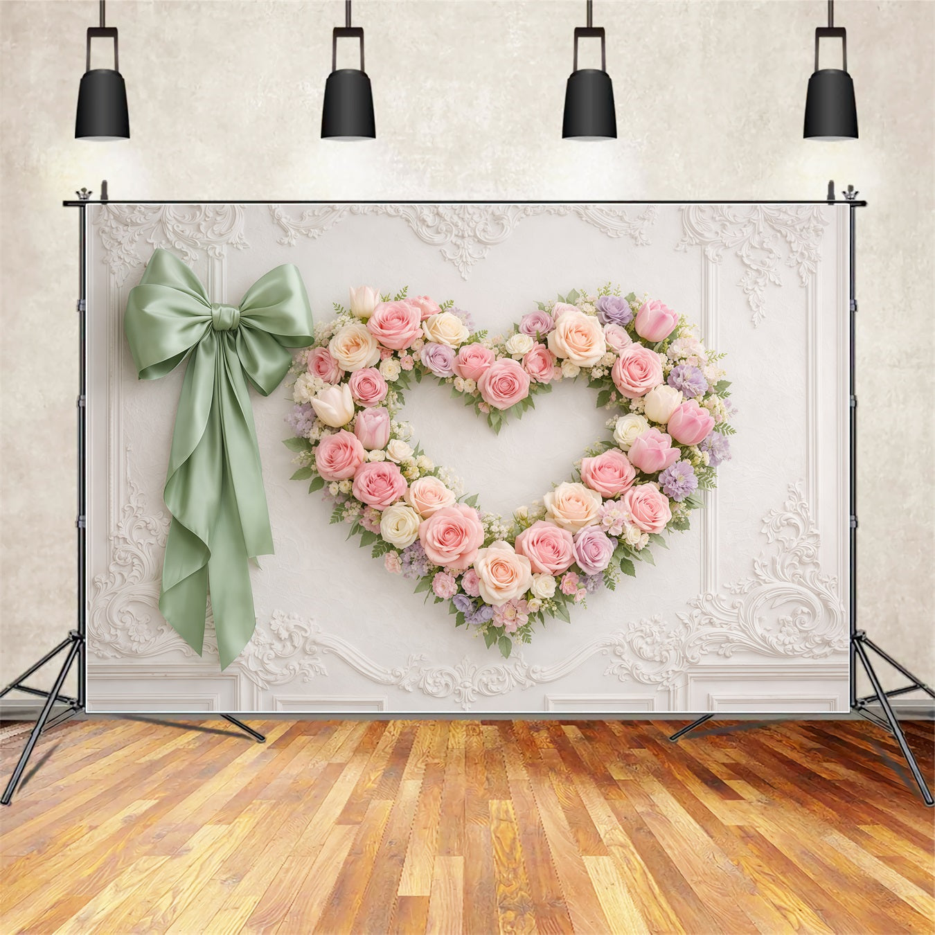 Heart Floral Frame Mother's Day Backdrop Elegant Wall Rose Ribbon Mother's Day Backdrop Ideas UK LXX63-14