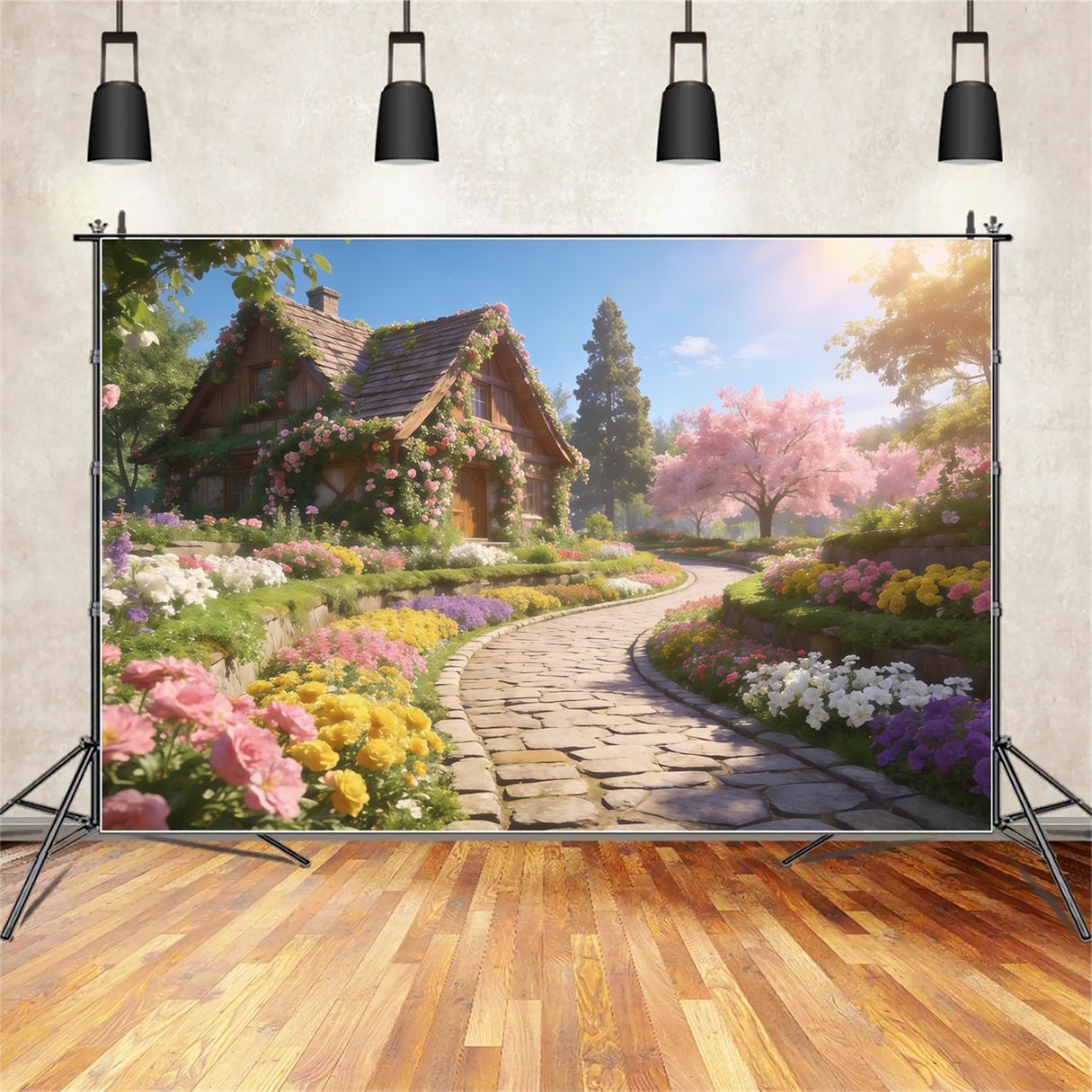 Romantic Cottage Mother's Day Backdrop Spring Flower Path Sunshine Happy Mothers Day Backdrop UK LXX63-15