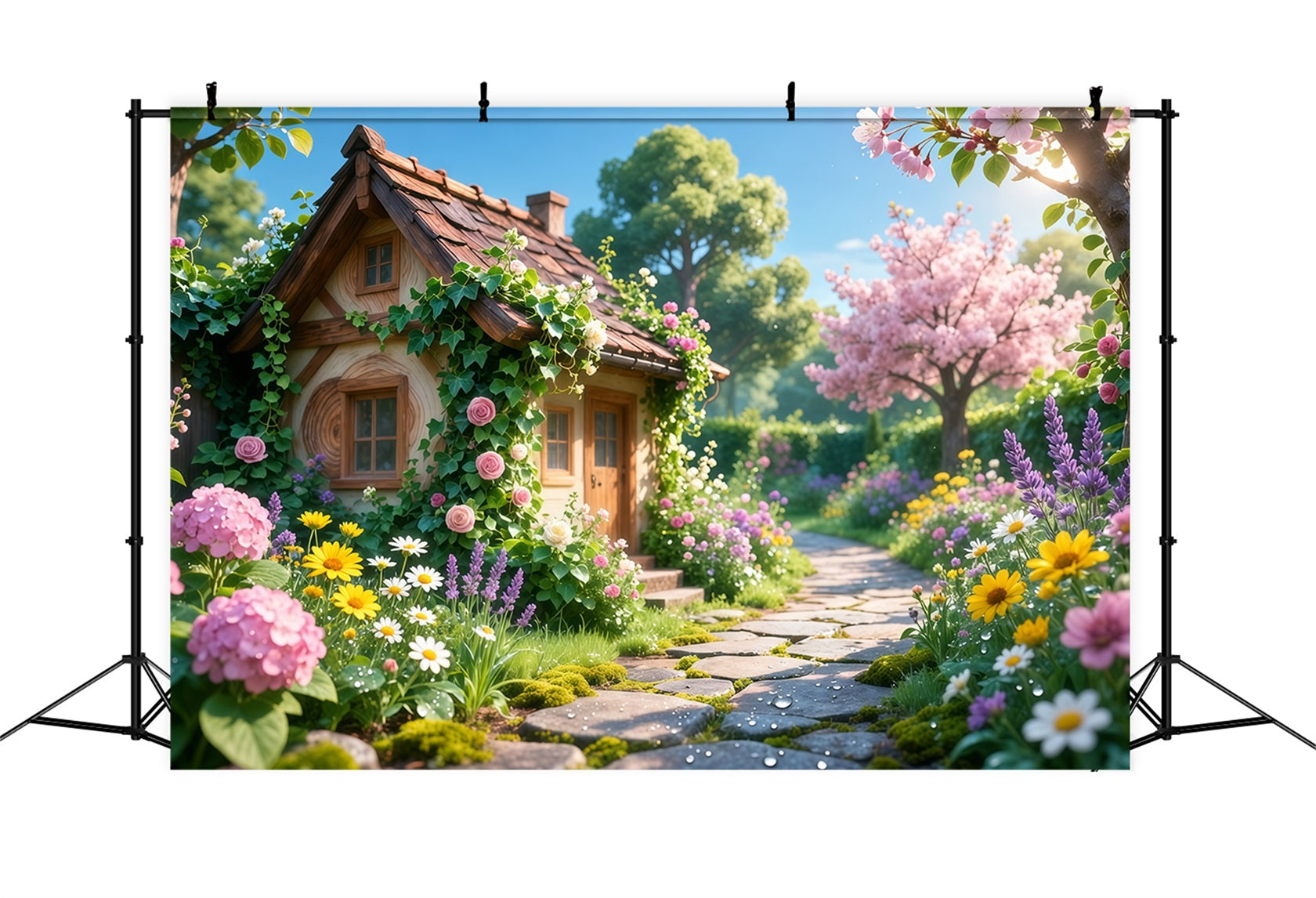 Romantic Cottage Mother's Day Backdrop Charming Bloom Stone Path Happy Mothers Day Backdrop UK LXX63-16