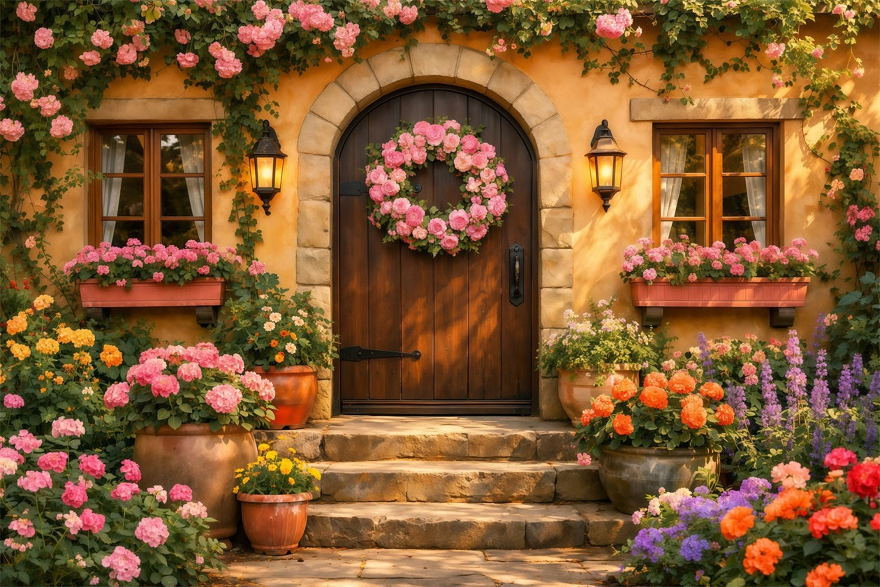 Romantic Cottage Mother's Day Backdrop Floral Wreath Door Lantern Happy Mothers Day Backdrop UK LXX63-18