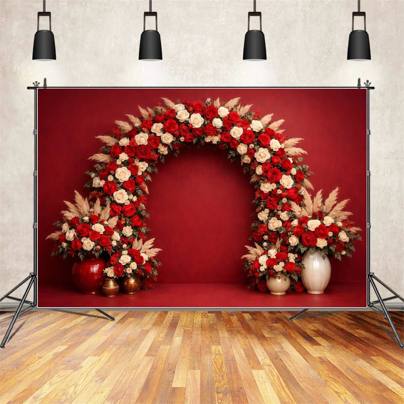 Floral Arch Mother's Day Backdrop Elegant Wall Red Ivory Rose Mothers Day Backdrop Ideas UK LXX63-19