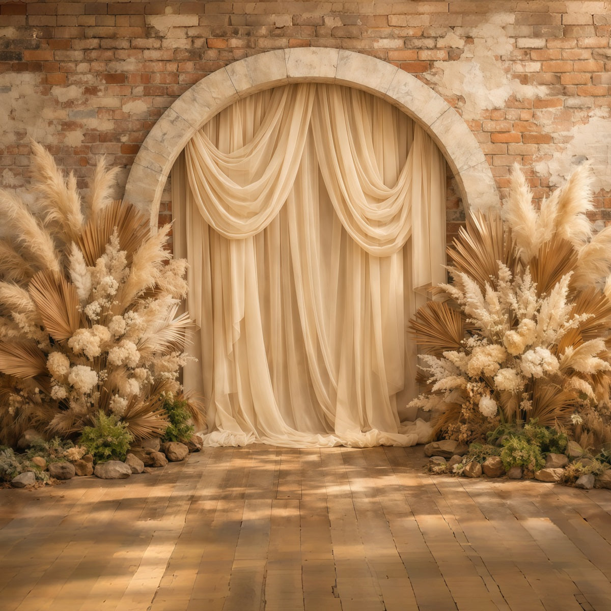 Floral Arch Mother's Day Backdrop Rustic Brick Wall Boho Pampas Mothers Day Backdrop Ideas UK LXX63-22