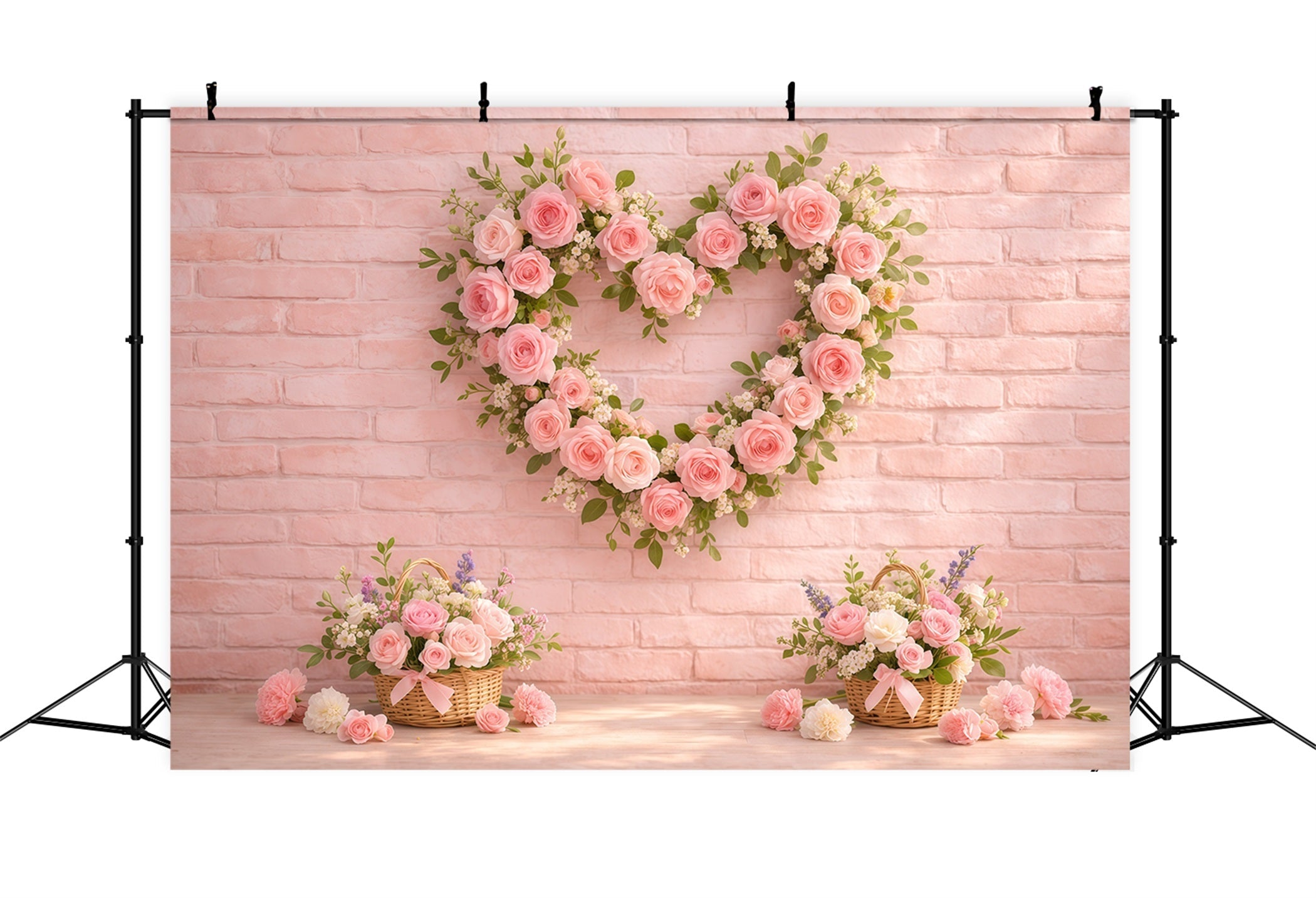 Pink Brick Wall Mother's Day Backdrop Rose Heart Wreath Basket Mother's Day Photo Backdrop Ideas UK LXX63-23