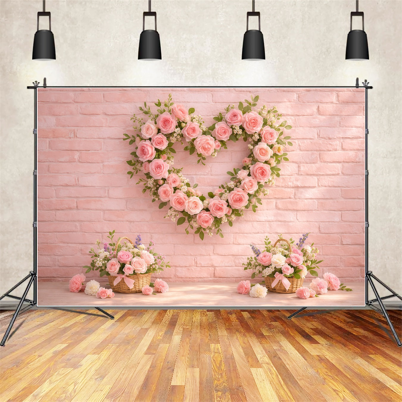 Pink Brick Wall Mother's Day Backdrop Rose Heart Wreath Basket Mother's Day Photo Backdrop Ideas UK LXX63-23