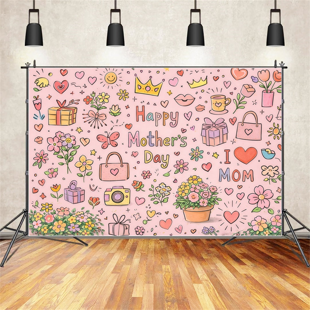 Mom Letters Mother's Day Backdrop Cute Doodle Floral Gift Pattern Backdrop For Mother's Day UK LXX63-26