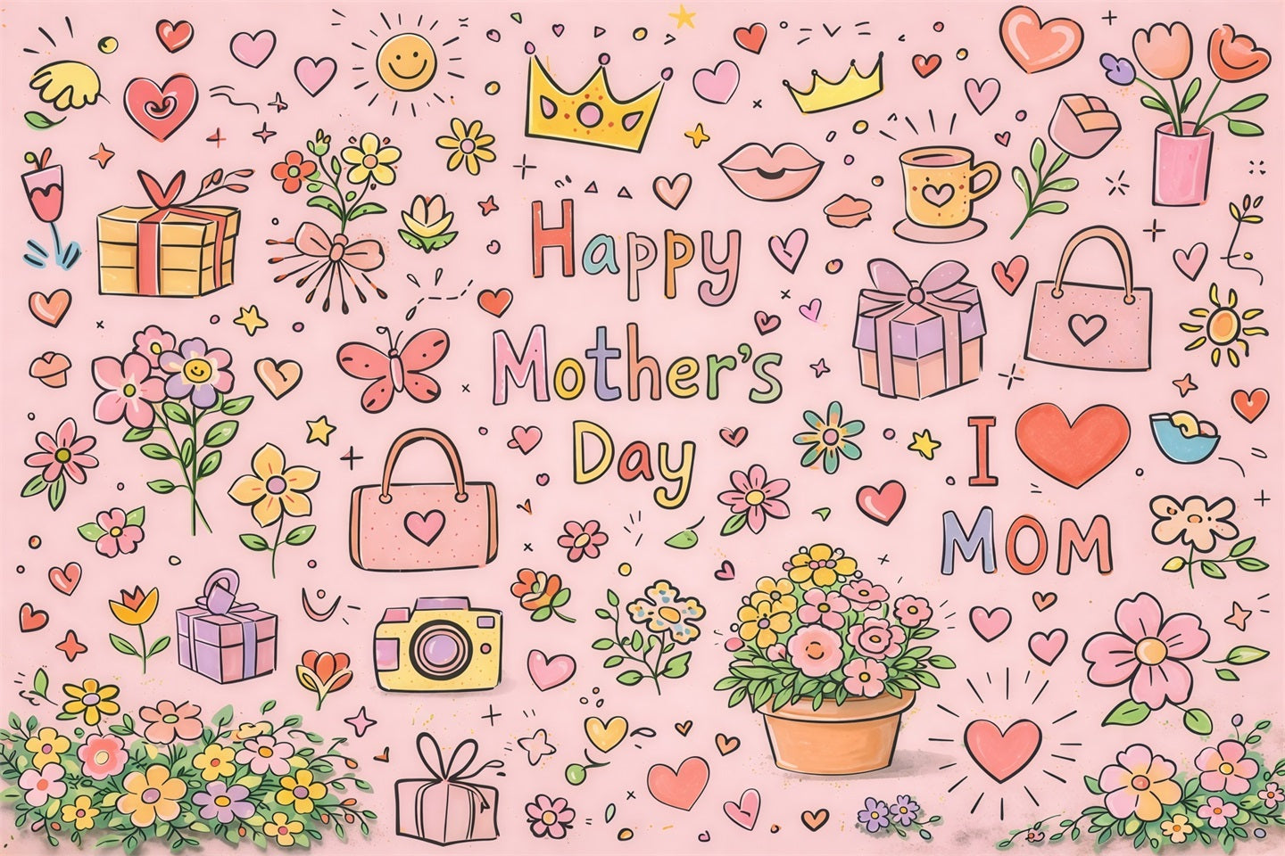 Mom Letters Mother's Day Backdrop Cute Doodle Floral Gift Pattern Backdrop For Mother's Day UK LXX63-26