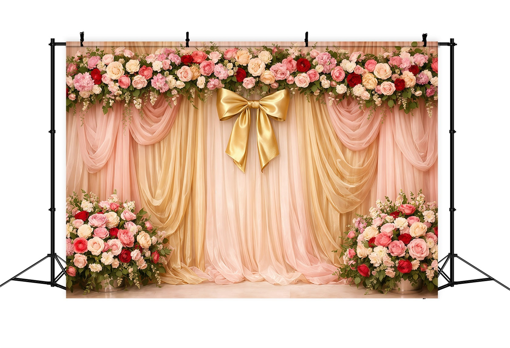 Pink Gold Romance Mother's Day Backdrop Pink Gold Draped Floral Bow Backdrops For Mother's Day UK LXX63-29