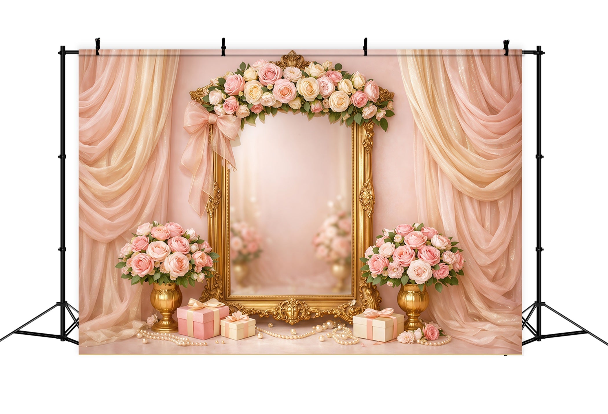 Pink Gold Romance Mother's Day Backdrop Luxury Frame Floral Gift Backdrops For Mother's Day UK LXX63-31