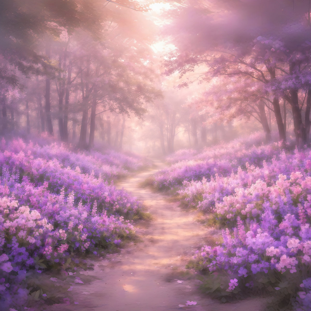 Dreamy Soft Focus Mother's Day Backdrop Purple Blossom Forest Pathway Mother's Day Photo Backdrops UK LXX63-33