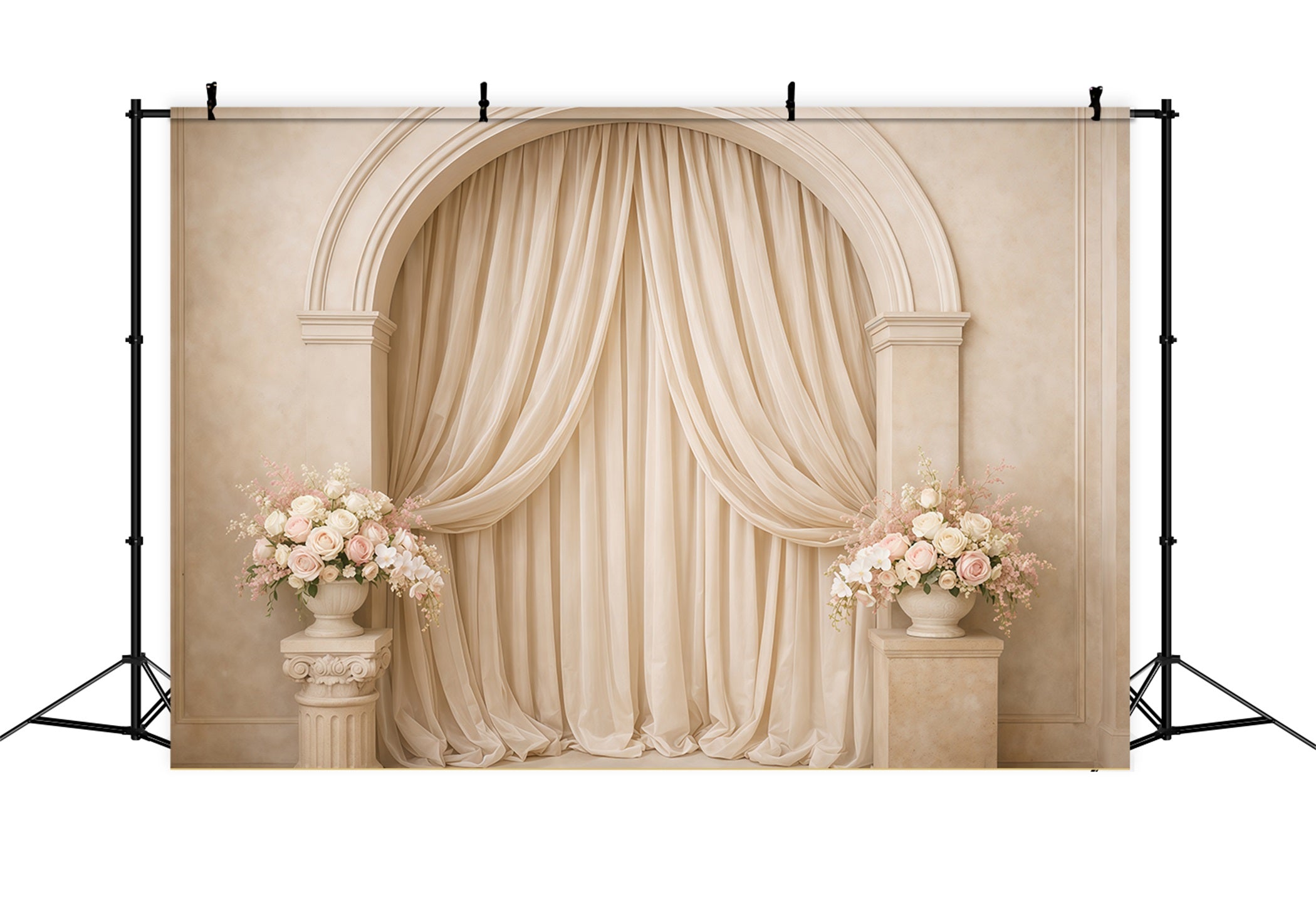 Pastel Retro Mother's Day Backdrop Cream Arch Draped Floral Pedestals Mothers Day Photo Backdrops UK LXX63-38