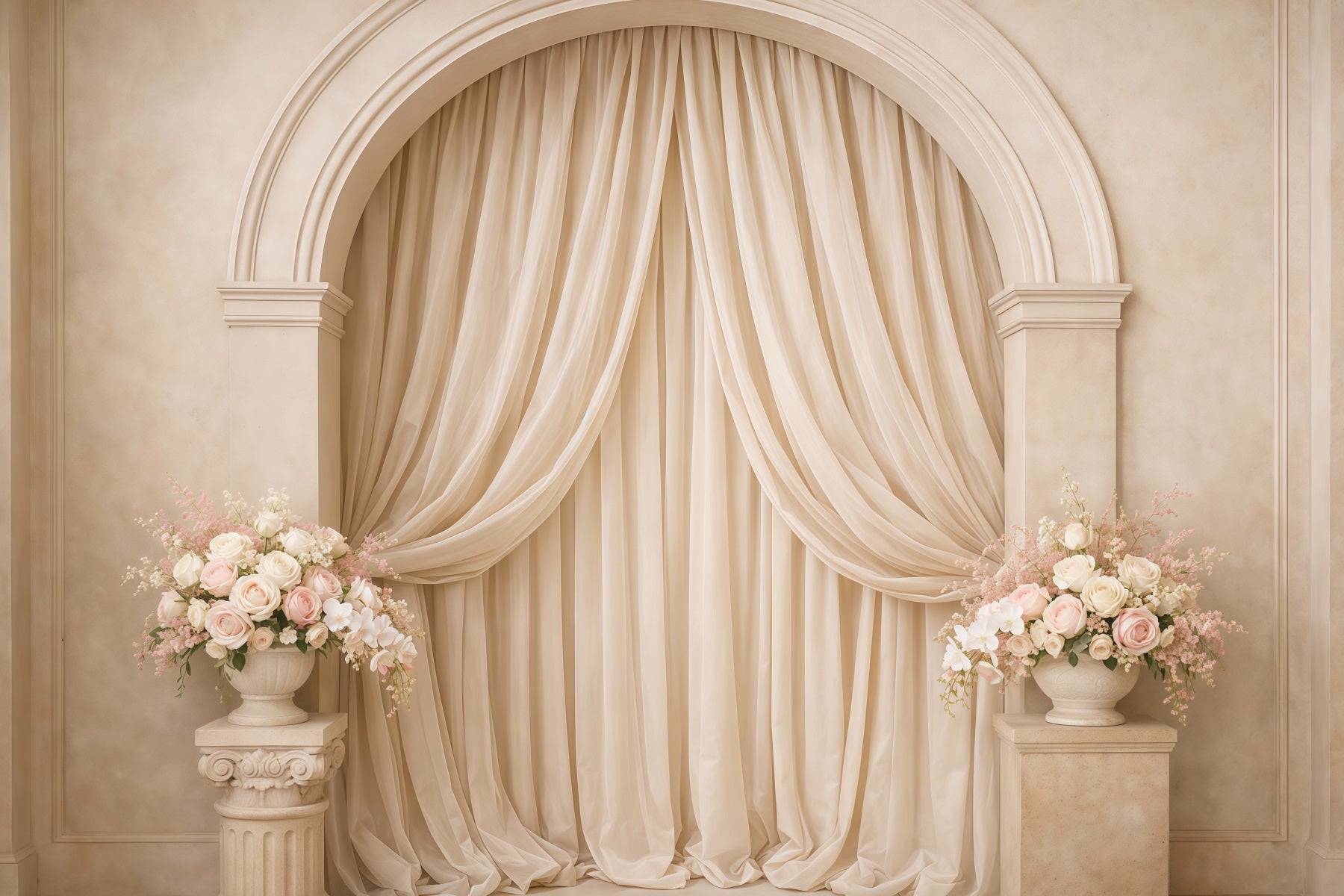 Pastel Retro Mother's Day Backdrop Cream Arch Draped Floral Pedestals Mothers Day Photo Backdrops UK LXX63-38