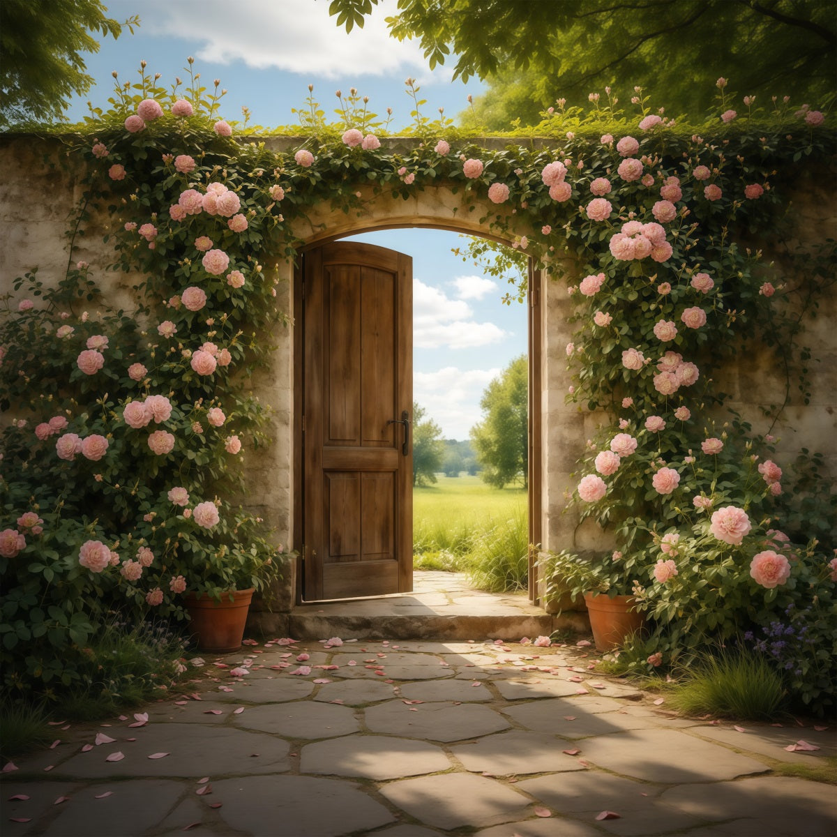 Mother's Day Portrait Backdrop Rustic Garden Door Pink Rose Mother's Day Backdrop UK LXX63-4