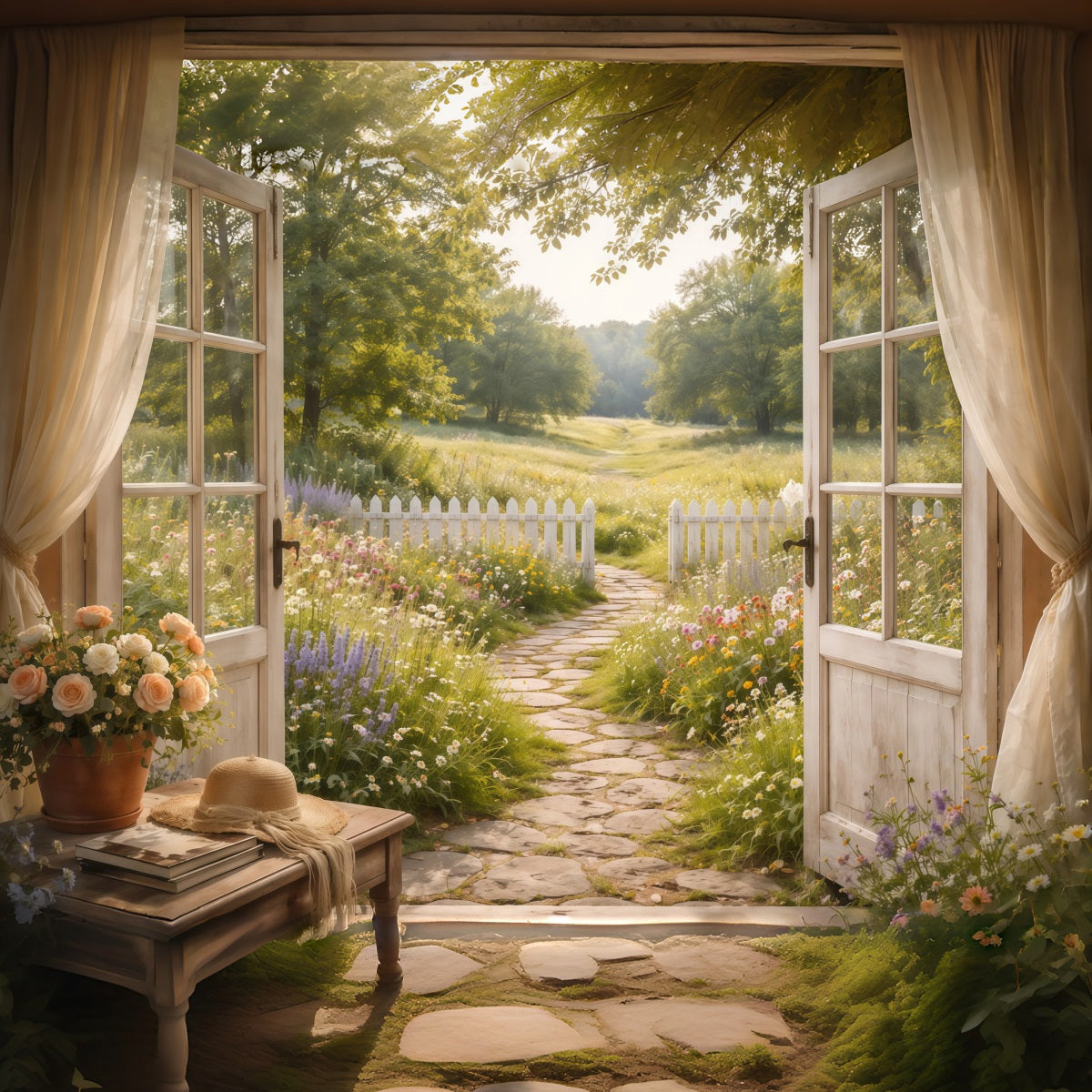 Farmhouse Chic Mother's Day Backdrop Sunlit Path Open Window View Mother's Day Picture Backdrop UK LXX63-42