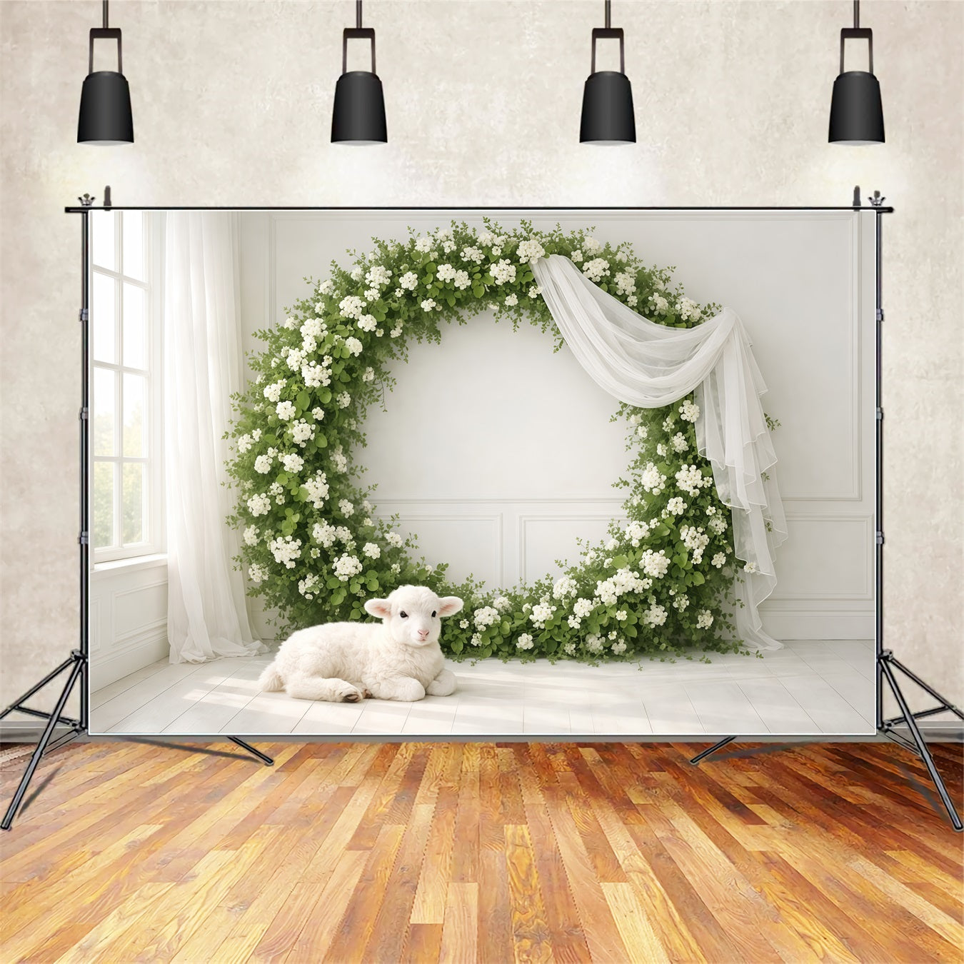 Mother's Day Backdrop Ideas For Church Floral Wreath White Lamb Happy Mothers Day Photo Backdrop UK LXX63-49