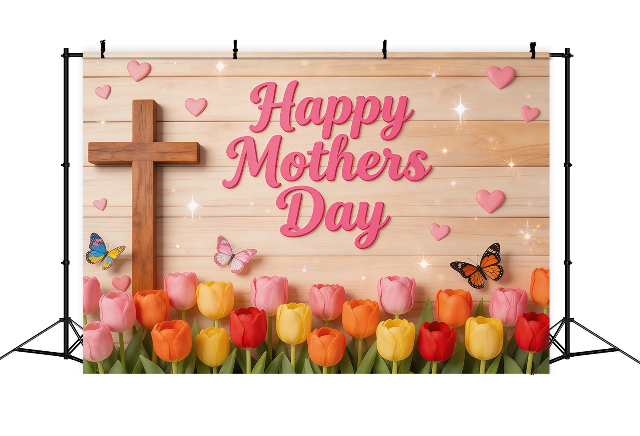 Mother's Day Photo Backdrop Church Tulip Butterfly Wooden Cross Backdrops For Mothers Day UK LXX63-51