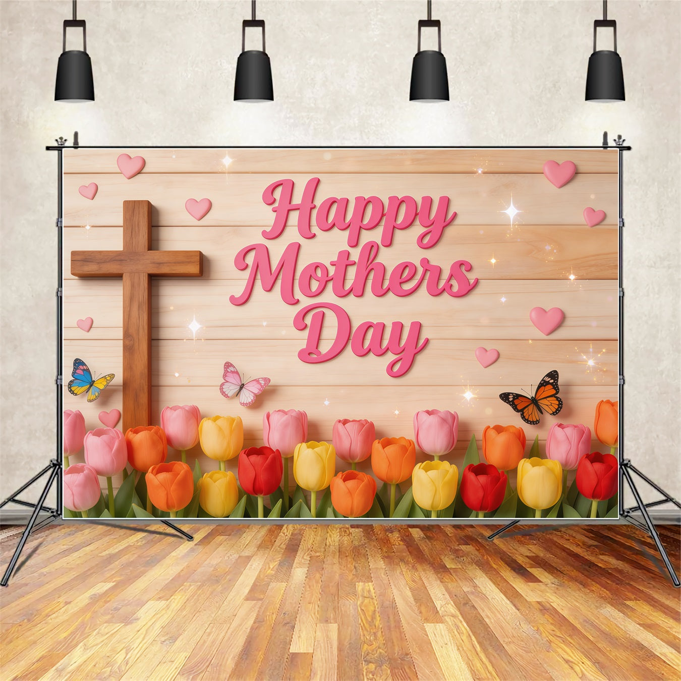 Mother's Day Photo Backdrop Church Tulip Butterfly Wooden Cross Backdrops For Mothers Day UK LXX63-51