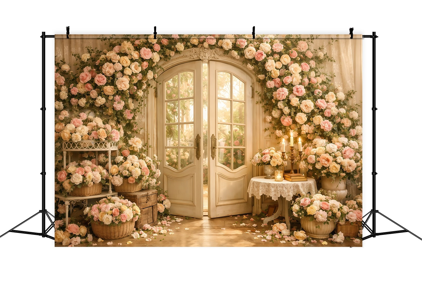 Mother's Day Backdrop With Flowers Romantic Floral Door Candle Vintage Backdrop Mother Day UK LXX63-55