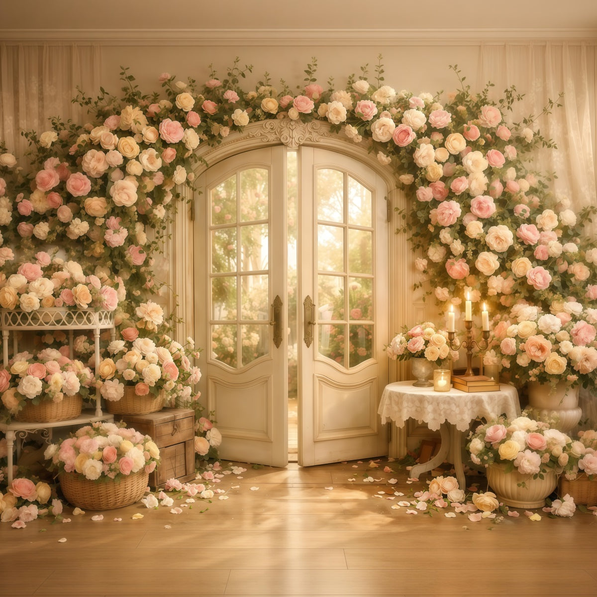 Mother's Day Backdrop With Flowers Romantic Floral Door Candle Vintage Backdrop Mother Day UK LXX63-55