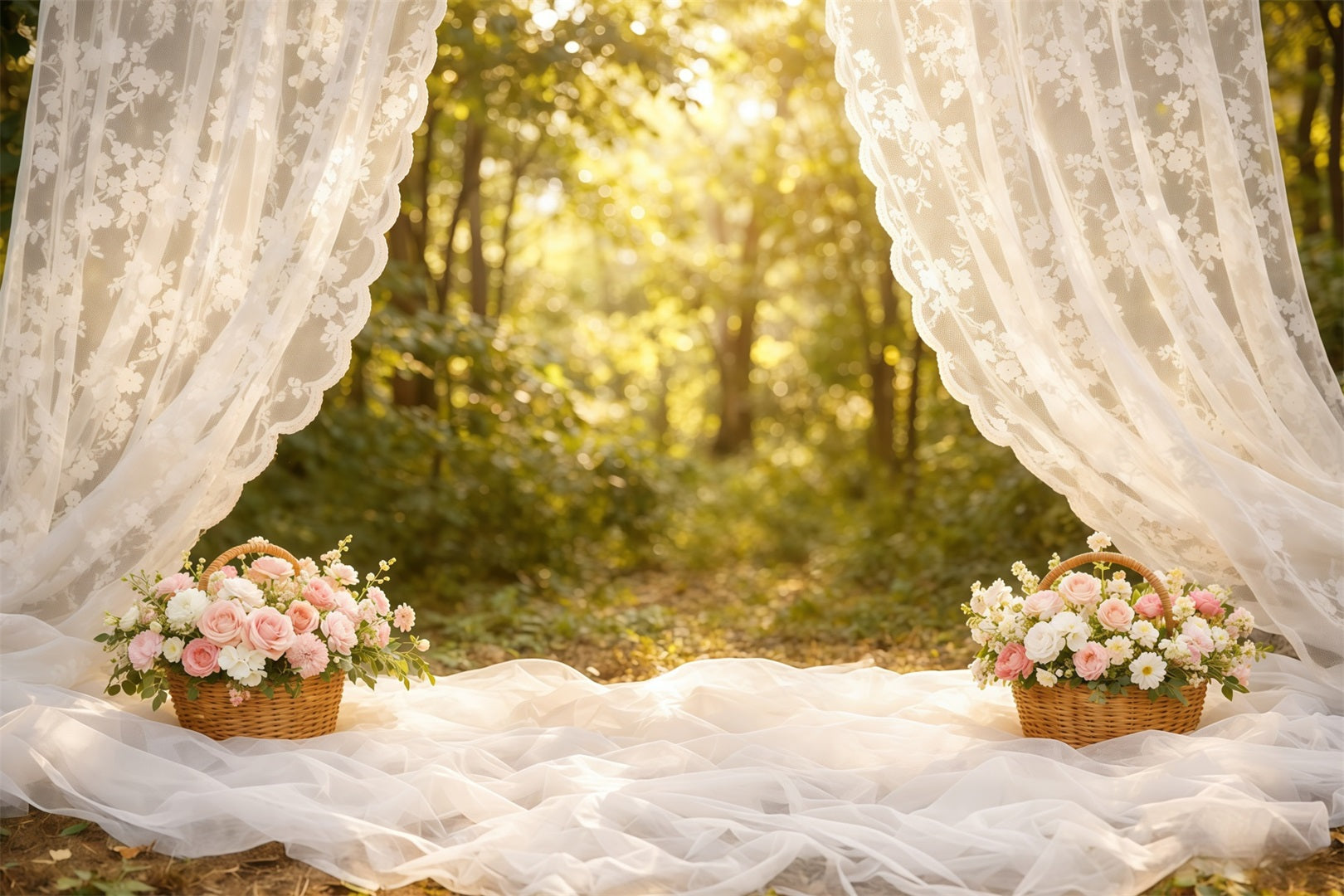 Mother's Day Portrait Backdrop Soft Lace Curtain Forest Mother's Day Backdrop UK LXX63-6