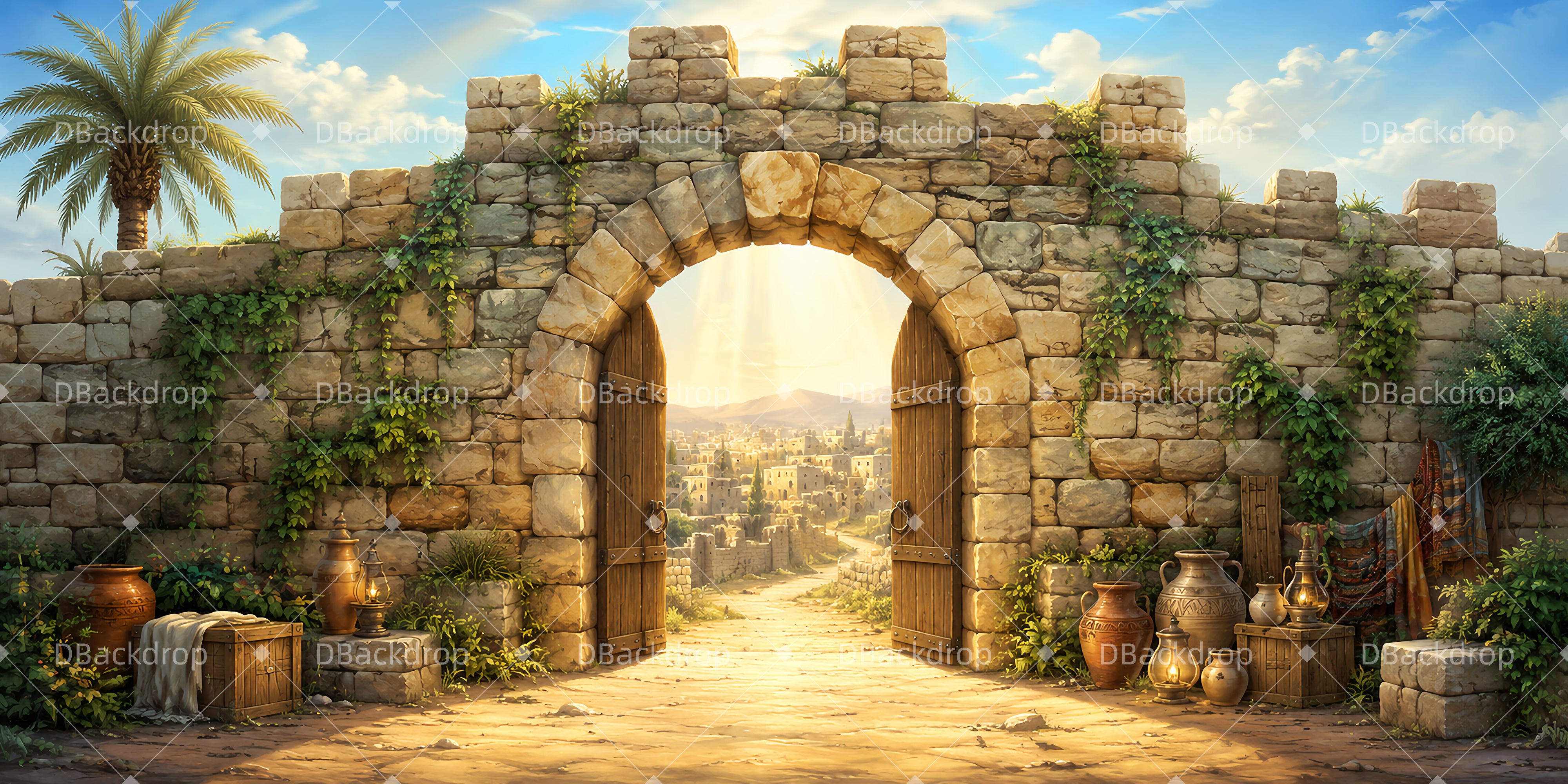 Stone Wall Backdrop Ancient Stone Gate VBS Backdrops UK LXX65-T11