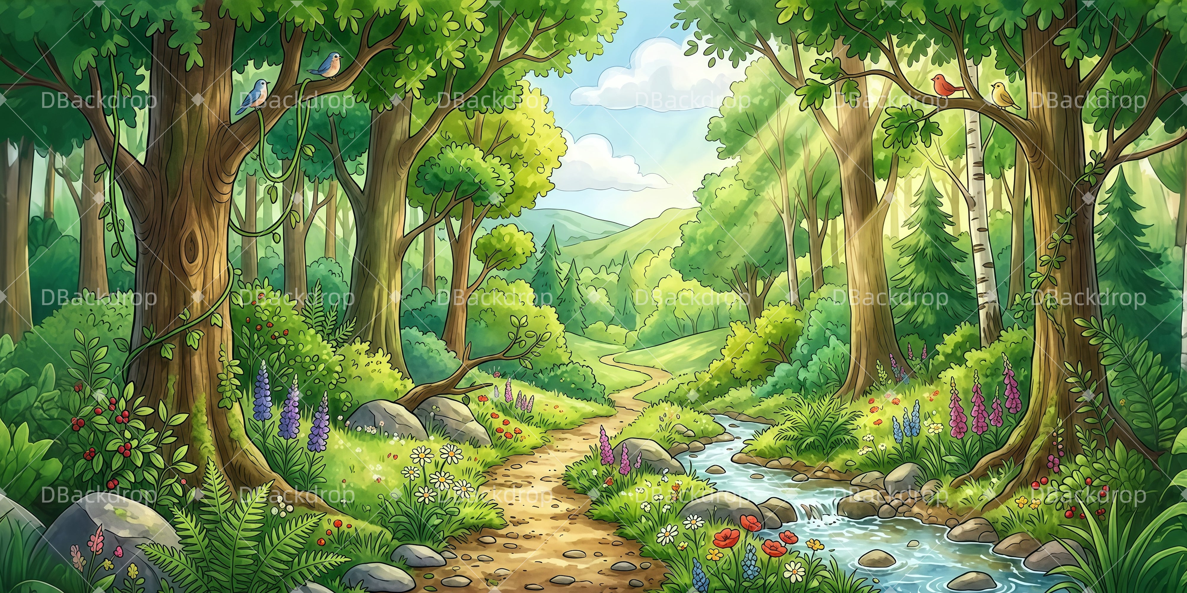 Forest Backdrop For Stage Woodland Stream Path VBS Backdrop UK LXX65-T8
