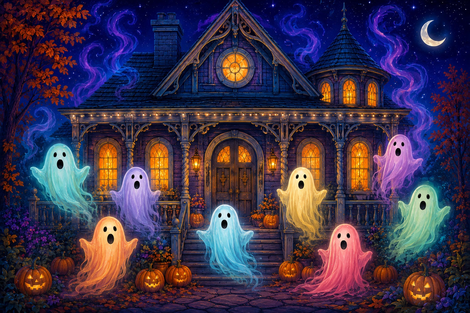 Halloween Scene Backdrop Colorful Ghost Haunted House Backdrop For Halloween UK LXX67-102