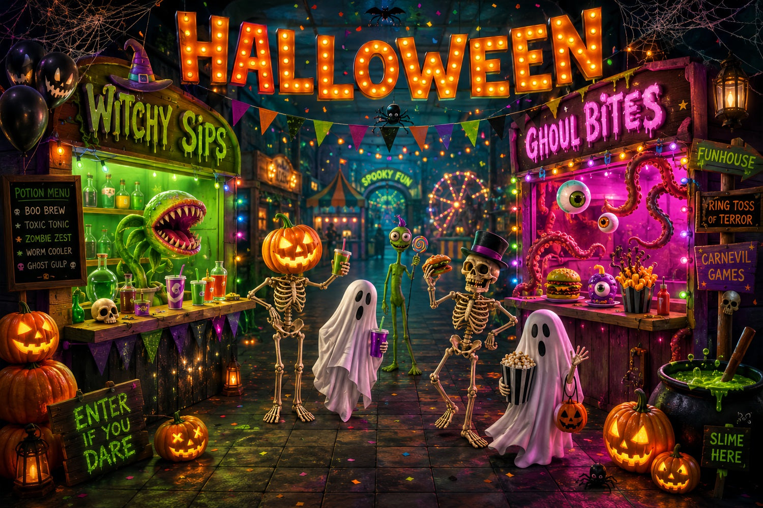 Halloween Party Backdrops Neon Monster Carnival Street Halloween Photo Booth Backdrop UK LXX67-114