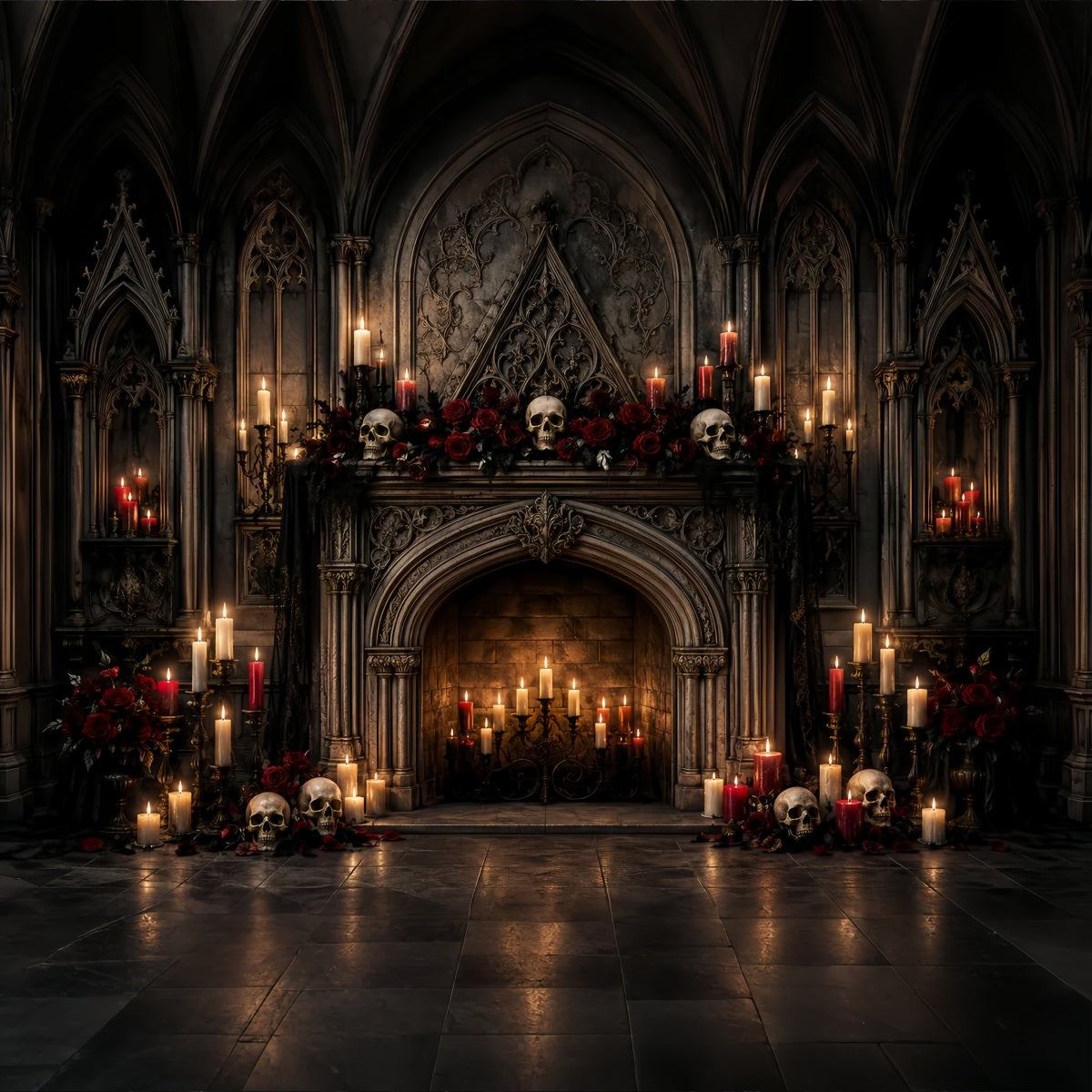 Photo Booth Halloween Backdrop Ideas Gothic Skull Candle Fireplace Halloween Picture Backdrop UK LXX67-125
