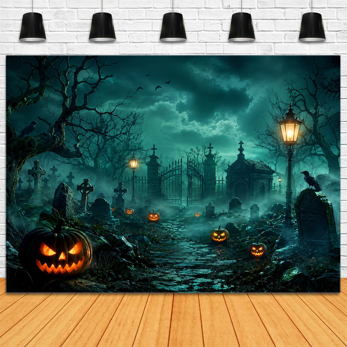 Custom Halloween Backdrop Foggy Graveyard Gate Pumpkins Halloween Graveyard Backdrop UK LXX67-14