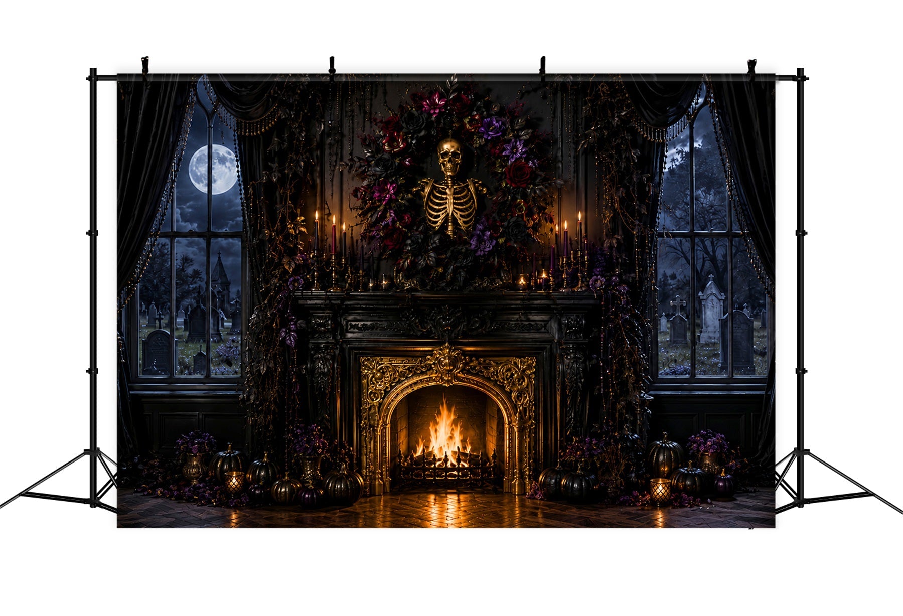 Halloween Backdrop Photography Skeleton Floral Gothic Fireplace Halloween Scary Backdrop UK LXX67-151