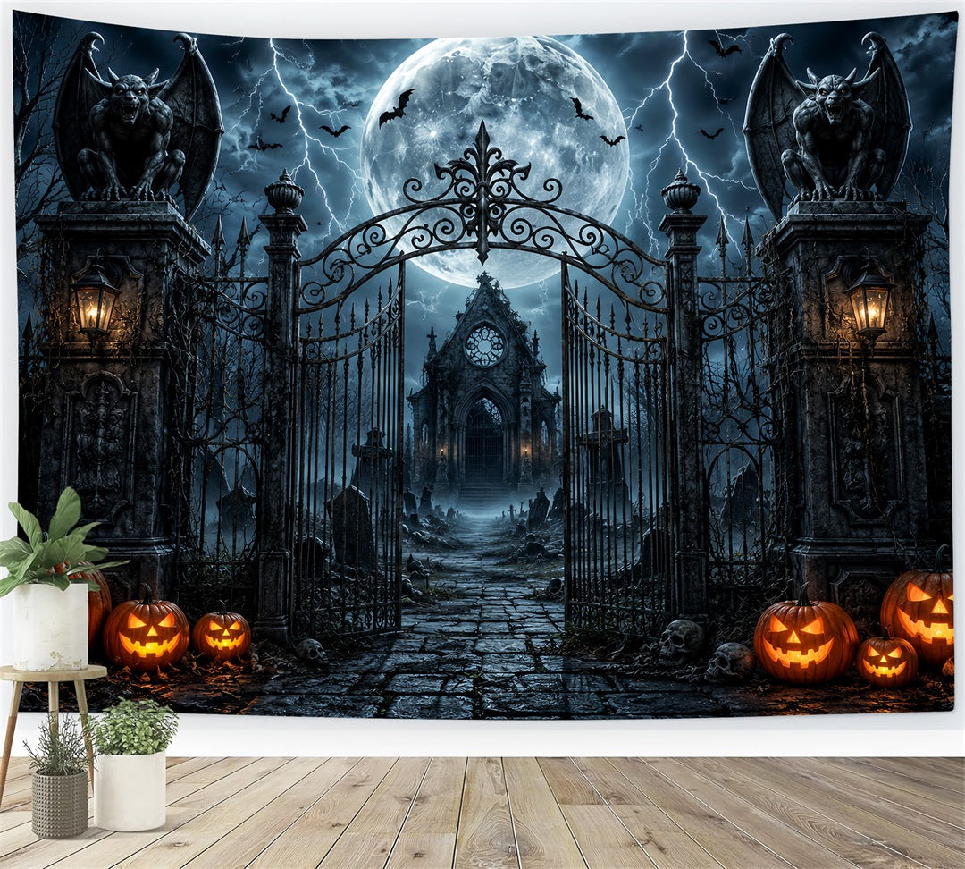 Halloween Party Photo Backdrop Ideas Stormy Gargoyle Cemetery Gateway Creepy Halloween Backdrop UK LXX67-154
