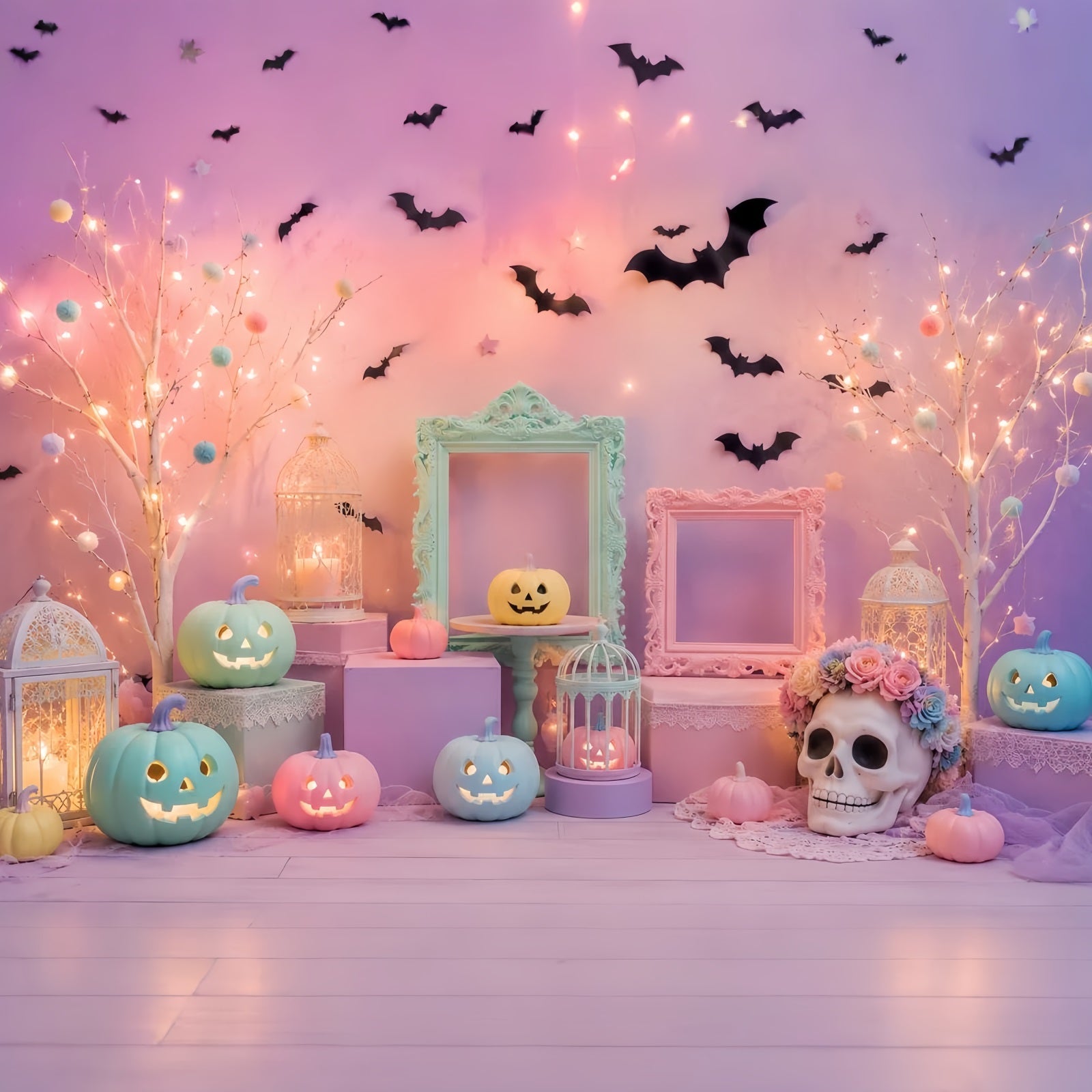 Cute Halloween Backdrops Pastel Pumpkin Skull Display Halloween Backdrops Scene Setters UK LXX67-165