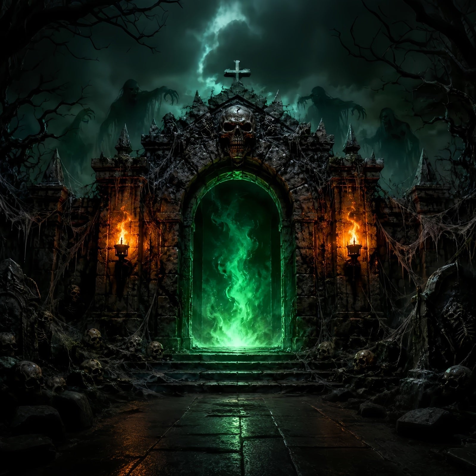 Halloween Party Backdrops Green Skull Portal Fortress Halloween Photo Booth Backdrop UK LXX67-166