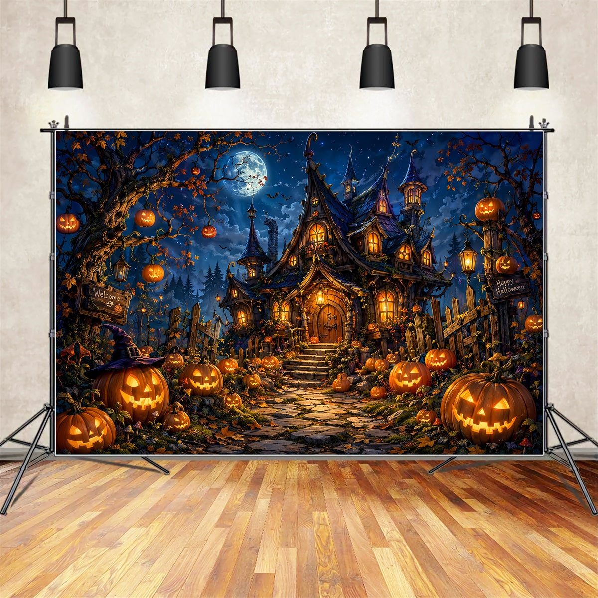 Halloween Castle Backdrop Moonlit Pumpkin Witch Cottage Large Halloween Backdrop UK LXX67-175