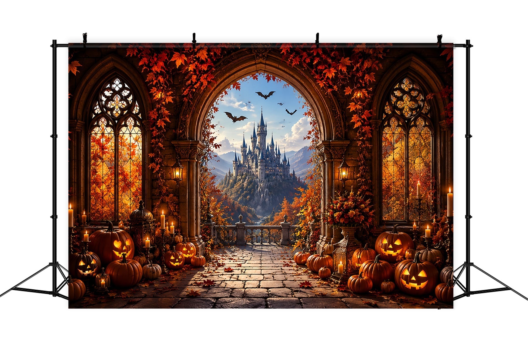Fall Halloween Backdrop Autumn Pumpkin Castle Archway Scary Halloween Backdrops UK LXX67-176