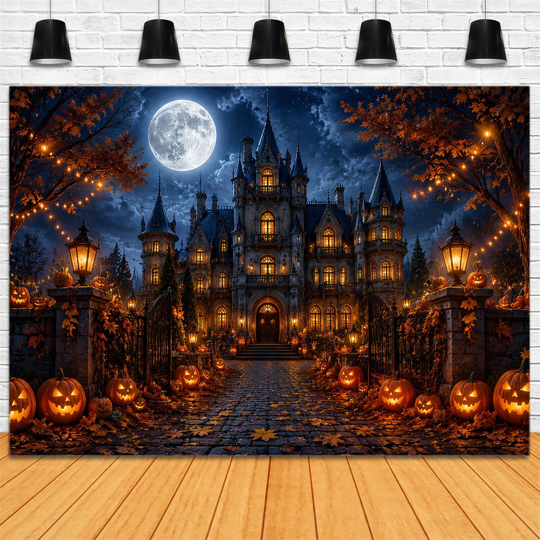 Fall Halloween Backdrop Moonlit Gothic Mansion Pumpkins Scary Halloween Backdrops UK LXX67-18